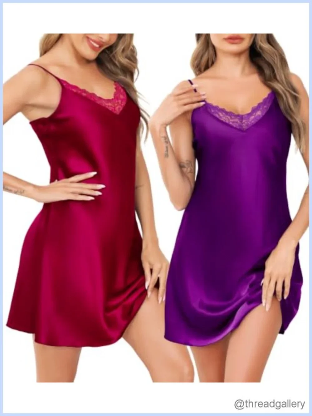 Satin Nightgown Set Sexy V Neck Lace Trim Mini Slip Sleep Dress